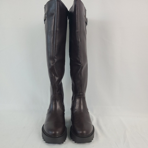 Justfab Women's Brown Morgane Round Toe Pull On Biker Knee High Boot Sz 5.5 NIB - Picture 2 of 8
